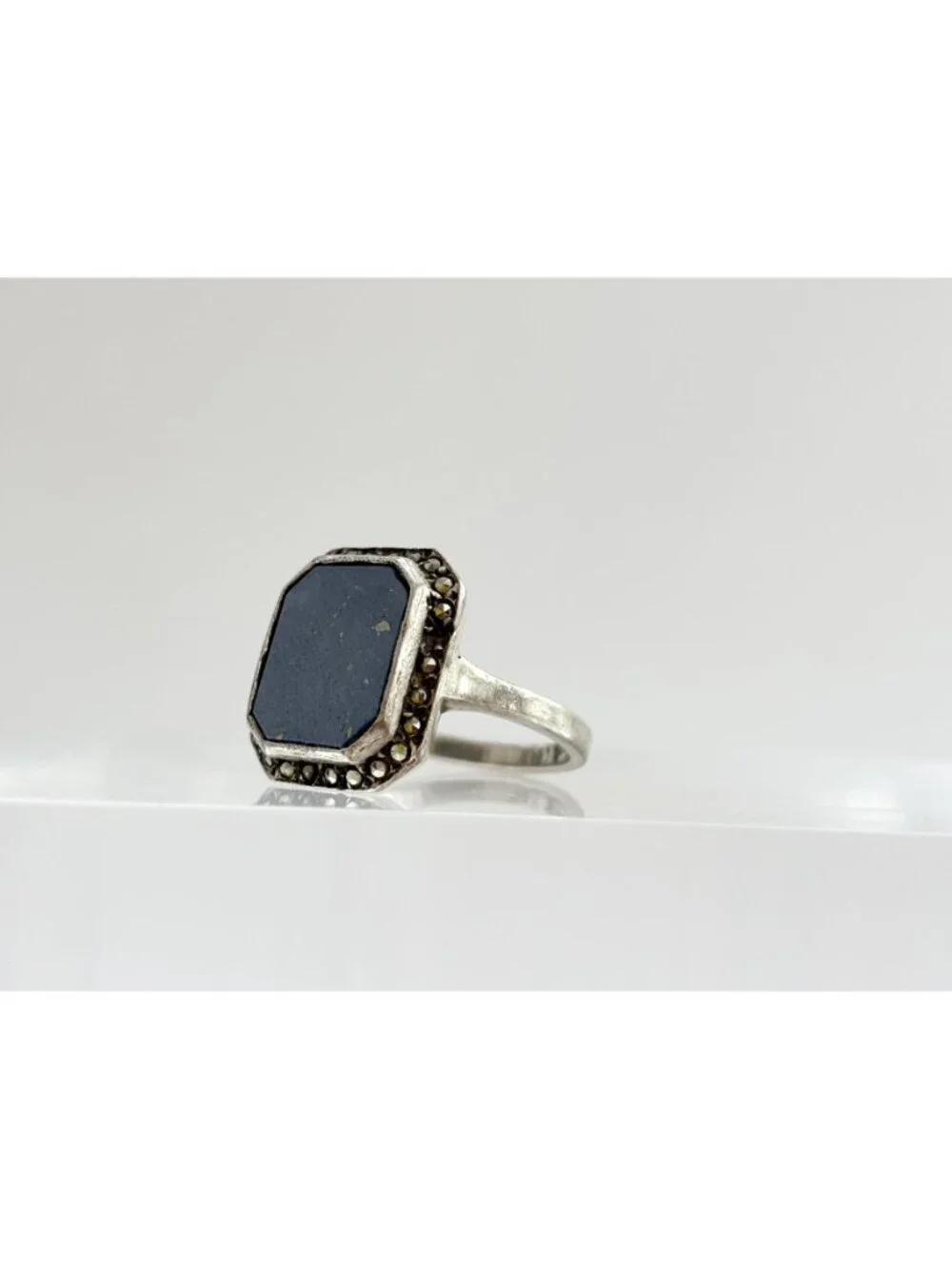 Lapis Lazuli Blue Octagon Marcasite Sterling Silver 925 Vintage Ring - sz 6.5